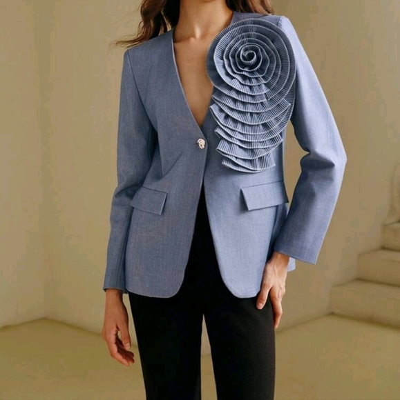 V-Neck Single-Breasted Floral Patchwork Elegant Modern Solid Color Blazer Jacket - Picture 1 of 4